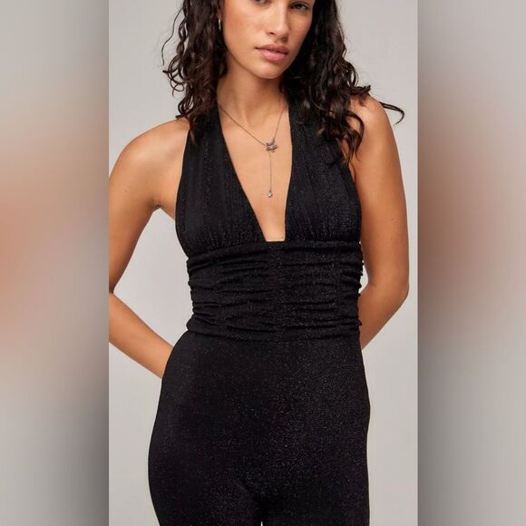 NWOT Silence + Noise Women’s Black Glitter Ashton Halter Jumpsuit - Size Small - Picture 3 of 8